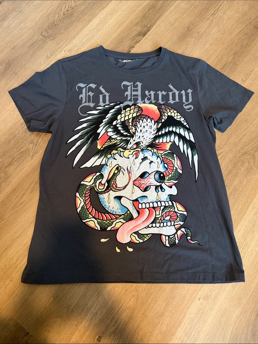 Ed Hardy Black Short-Sleeve Tee with Eagle, Snake and Skull Graphic -1